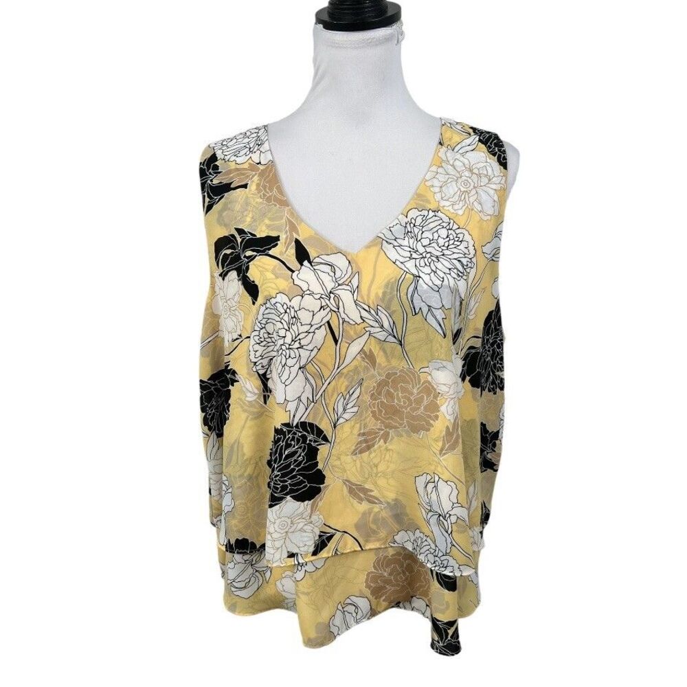Liz Claiborne Blouse Career Petite PXXL Yellow White Floral Keyhole Work Career